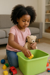 girl putting toys away